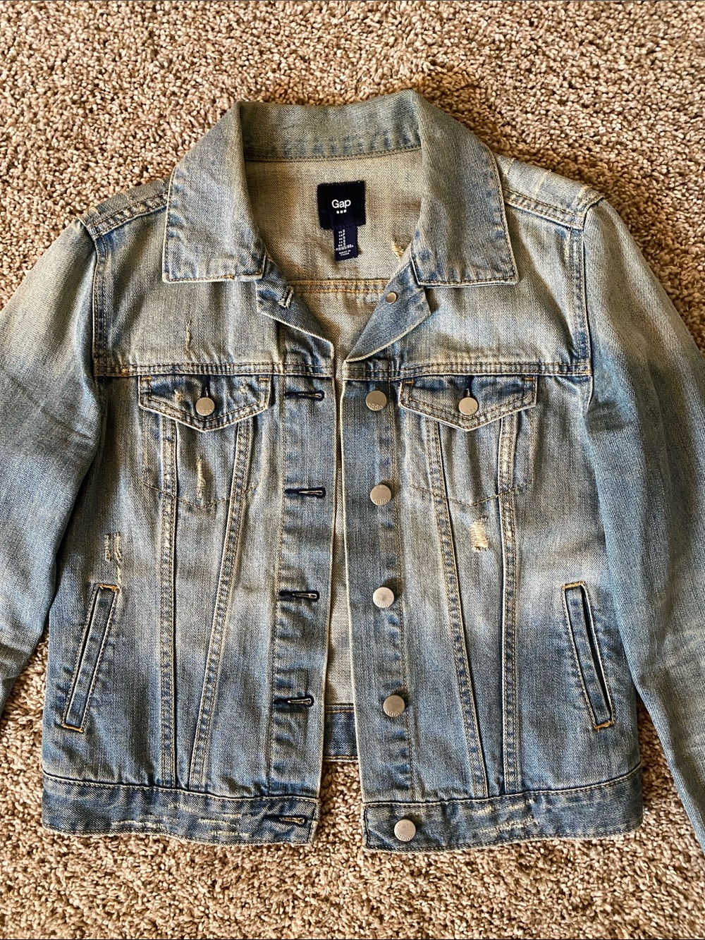 GAP Light Wash Blue Denim Jacket with Distressed Detail